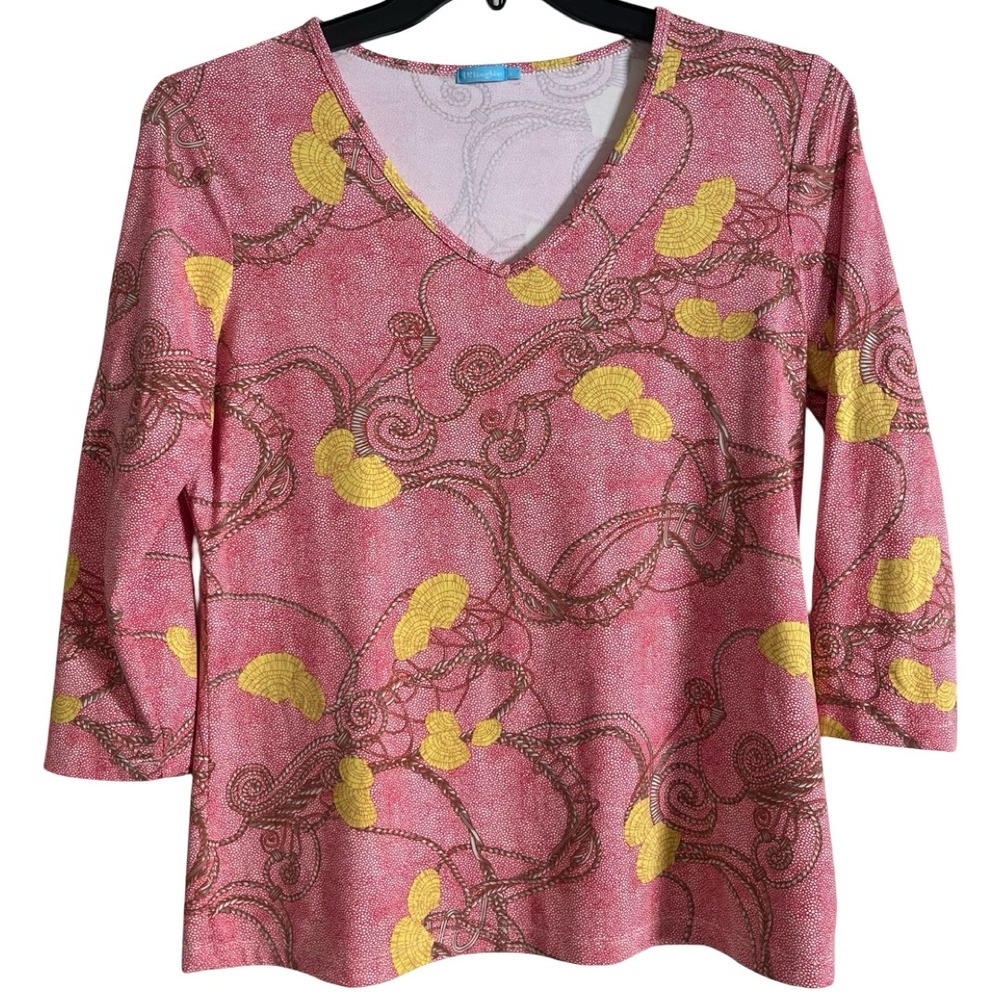 J McLaughlin Avalon 3/4 Sleeve V Neck Top Red Yellow Gray Rope Shell Print Large